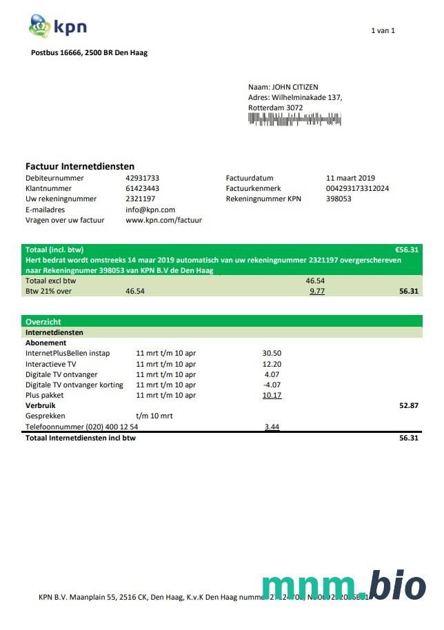 Niderlandzki szablon rachunku za media KPN w formacie Word i PDF